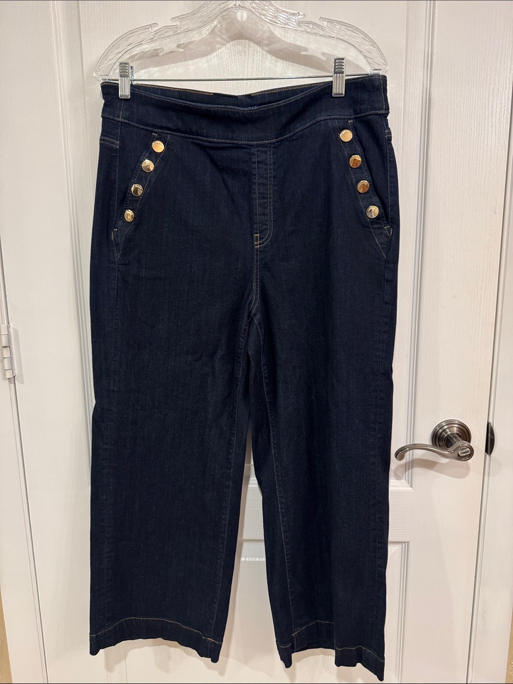 Chico's Dark Blue Wide-Leg Jeans with Gold Button Accents